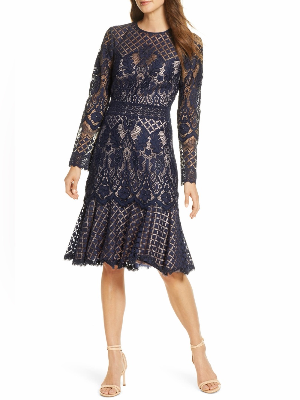 Tadashi Shoji Long Sleeve Lace Cocktail Dress in Navy Size 16